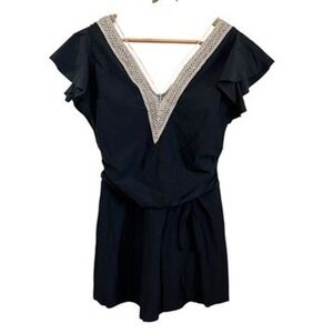 Black Blooming Jelly Swim Dress Cover Up‎ Crochet Trim Flounce Sleeve XL